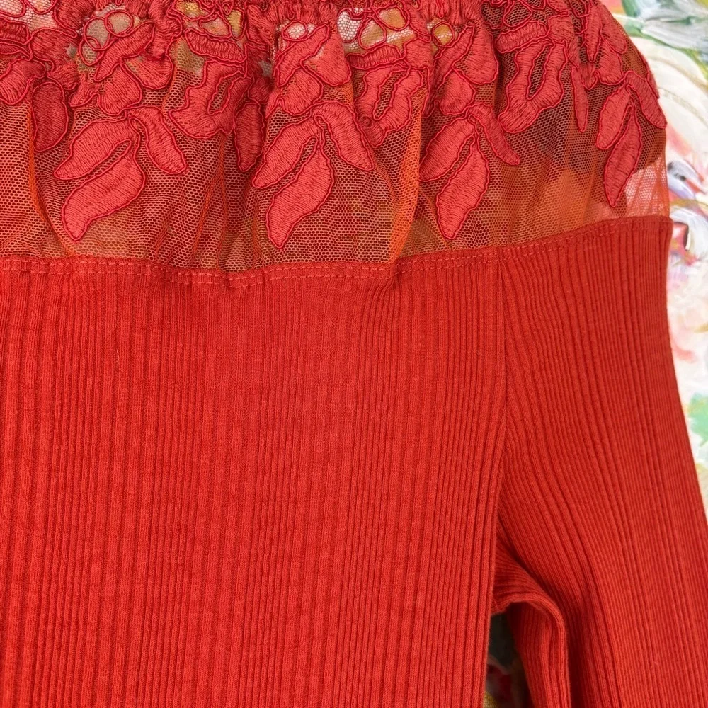 Free People Red Ribbed Lace Off Shoulder Long Sleeve Top Size L